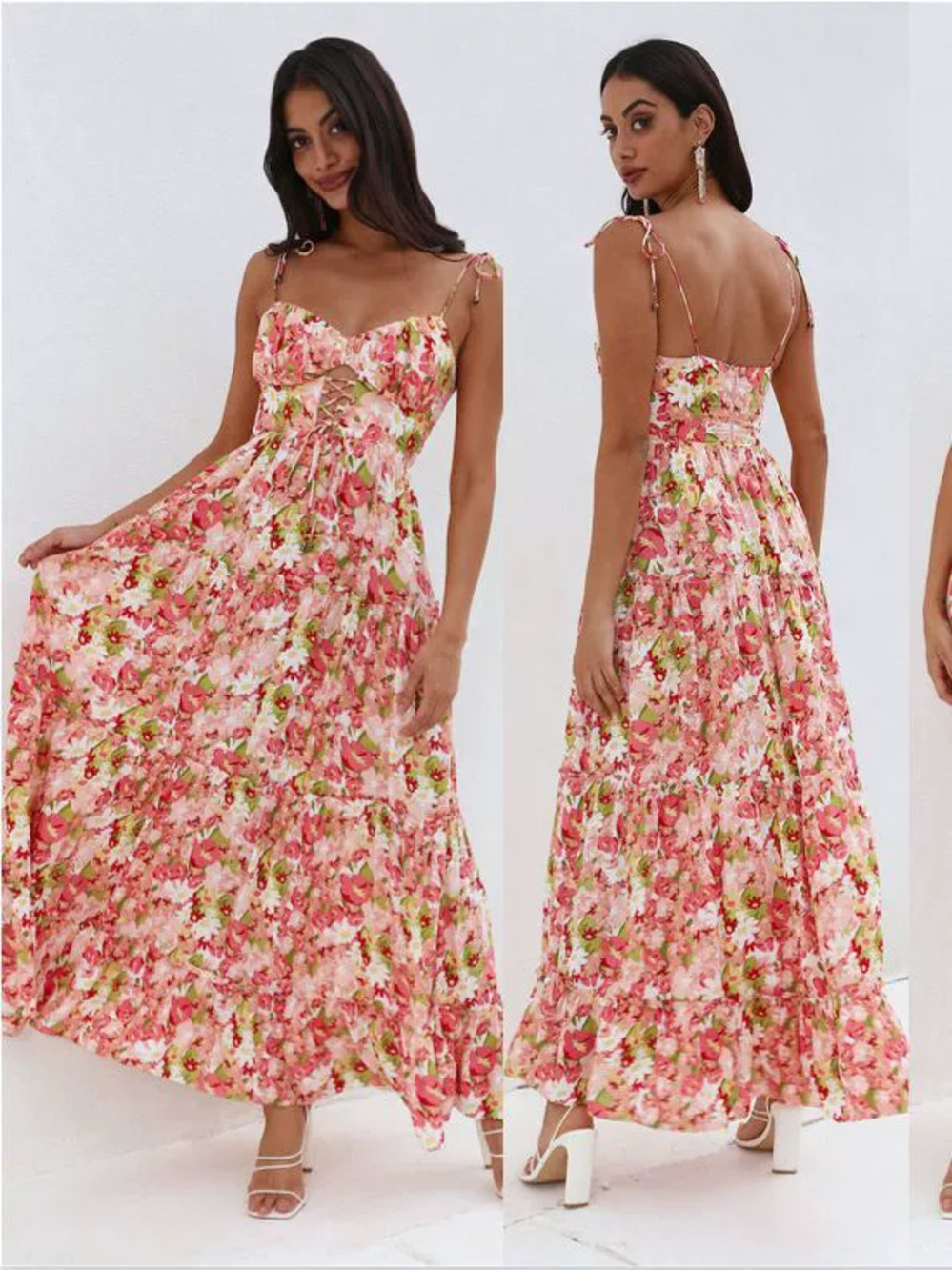 Zara Spring Summer Floral Chiffon Tiered Maxi Dress with Drawstring Bust
